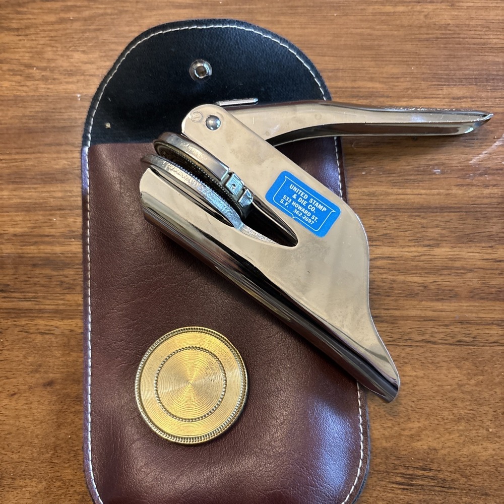 Vintage Official Pocket Seal Embosser Stamp with Pouch & Patented Brass Seal Die